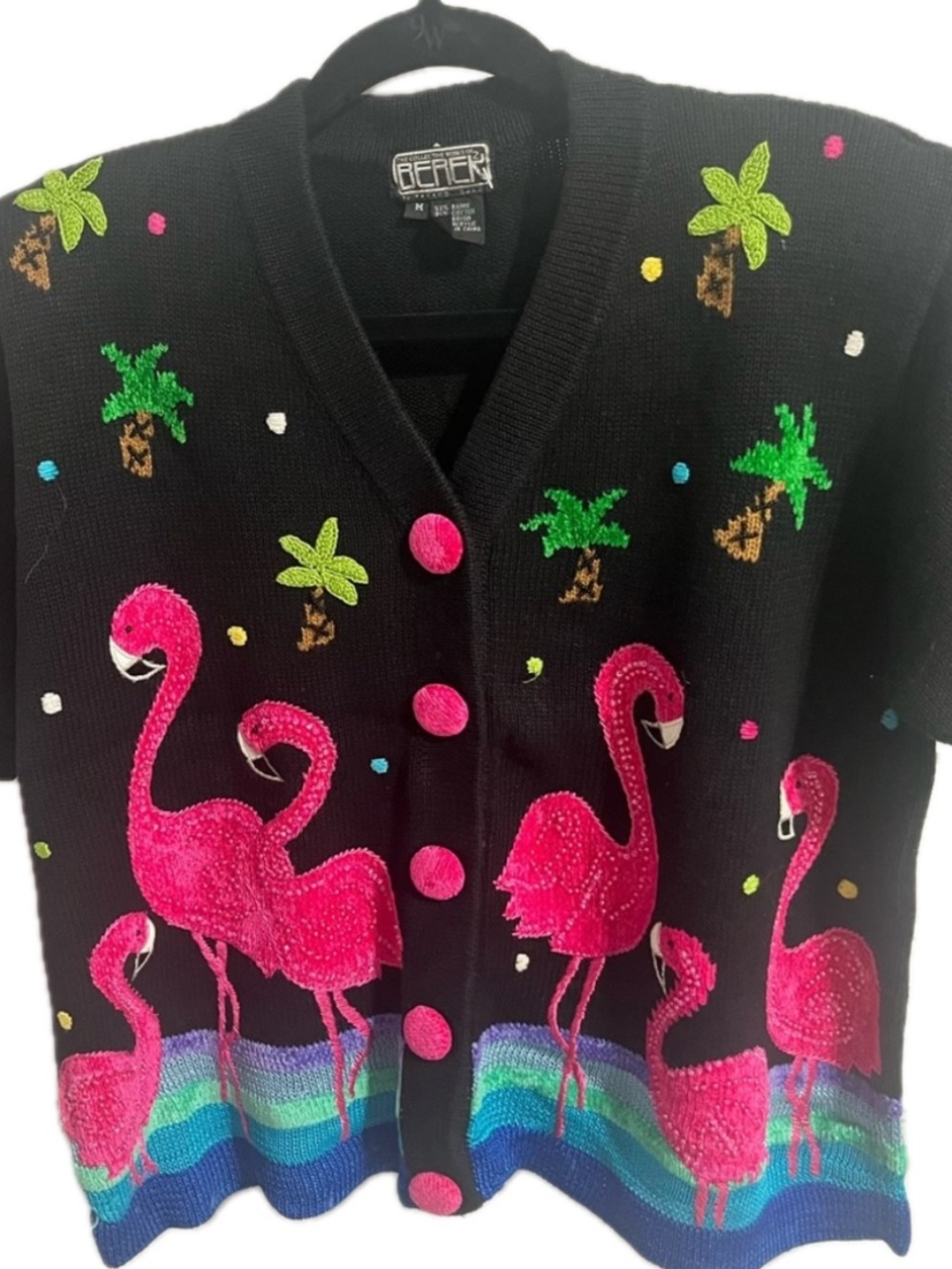 BEREK Vintage Beaded Pink Flamingo Palm Tree Colorful Cardigan Sweater 90’s